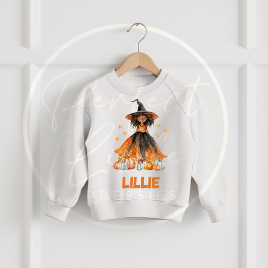 Halloween Kids Orange Dress Witch Dolly Sweatshirt