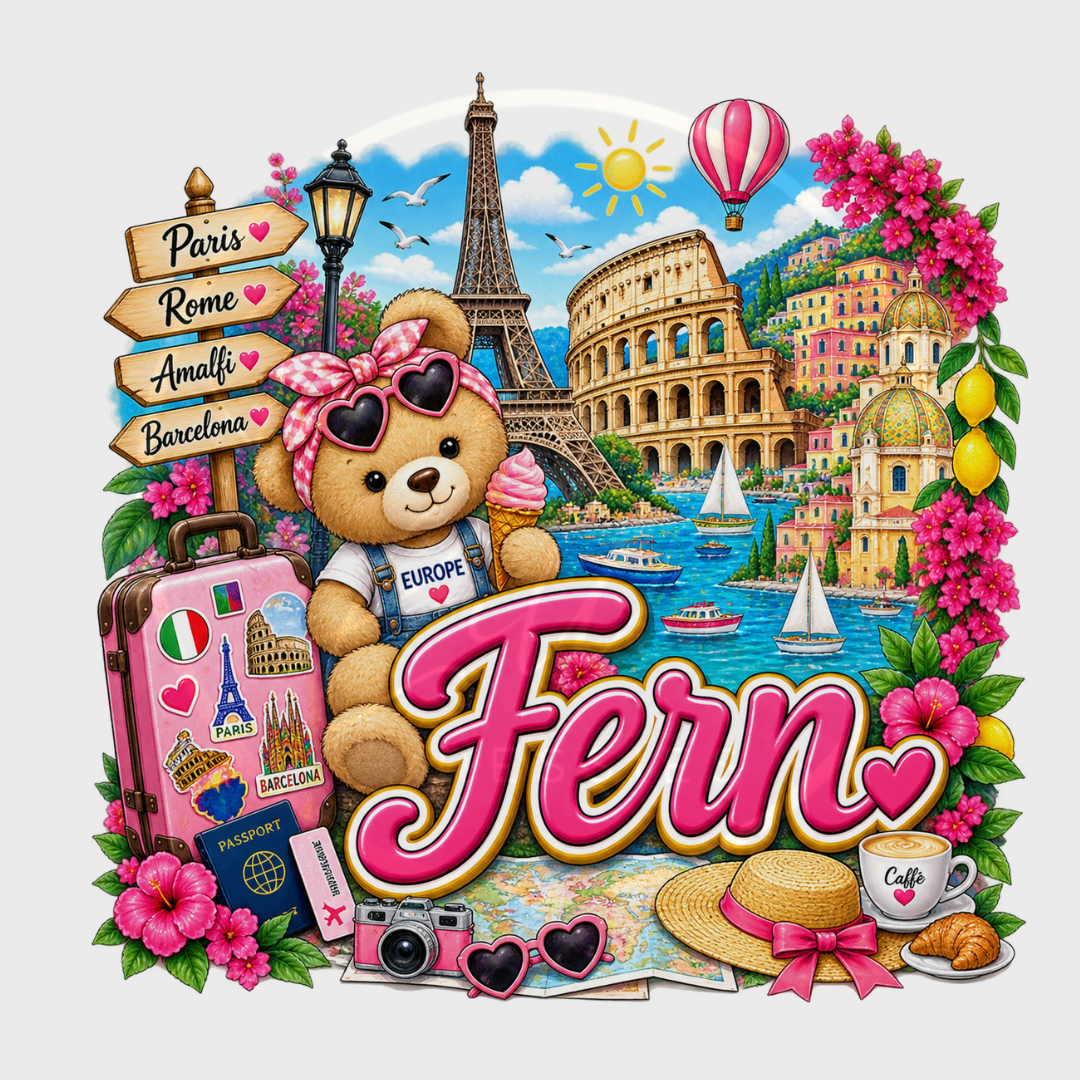 CUSTOM ADHESIVE DECAL - Colourful Pink Little Europe Bear Name