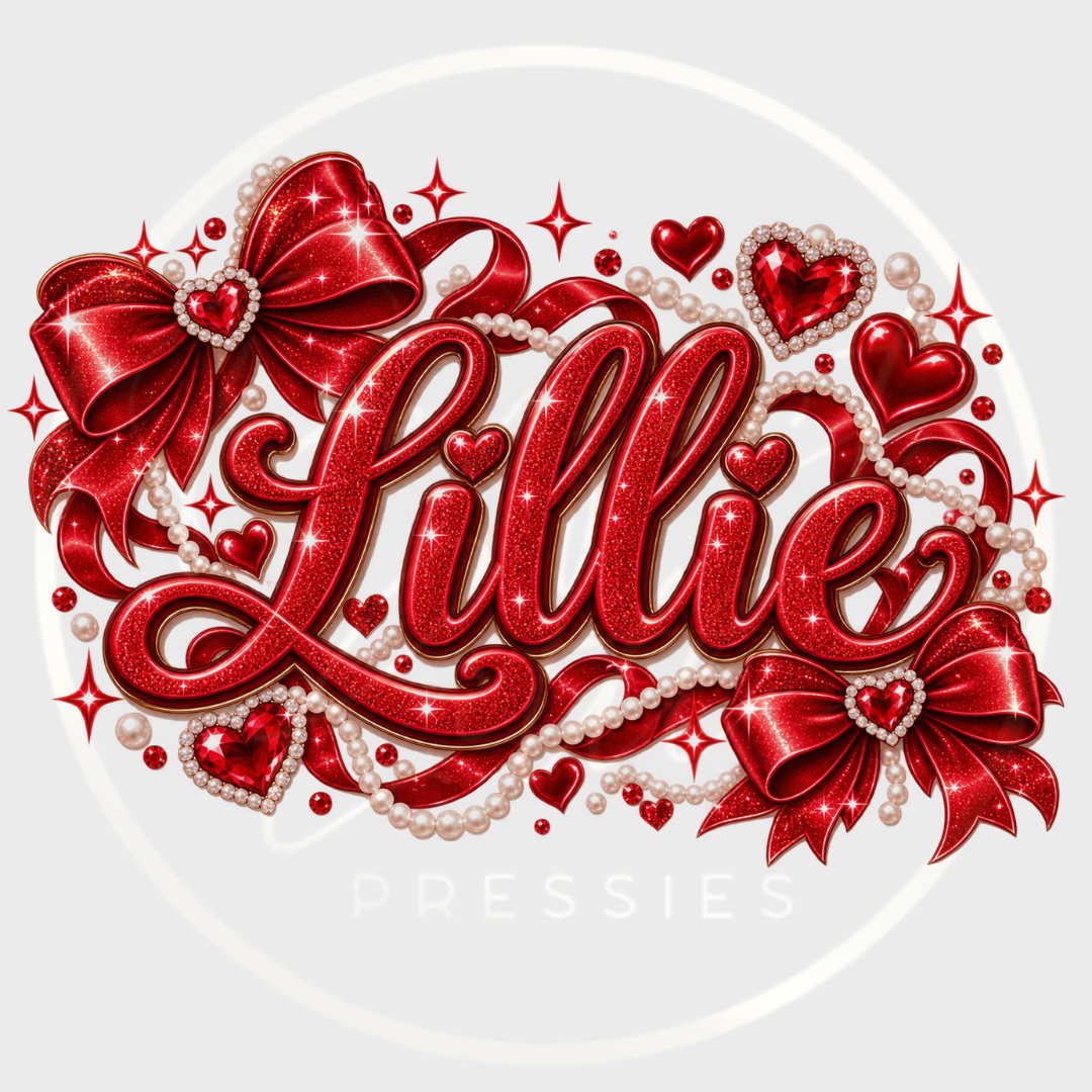 CUSTOM ADHESIVE DECAL - Ruby Red Pearl Bows Name