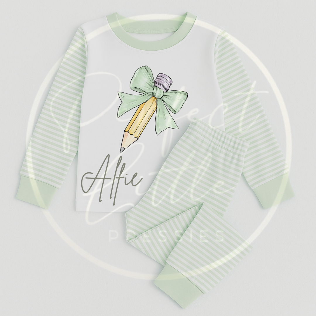 Kids Sage Bow Pencil Starting School/Nursery Pyjamas