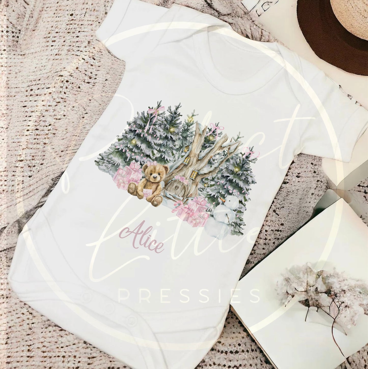 Christmas Baby Grow - Pink Bear Woodland