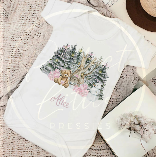 Christmas Baby Grow - Pink Bear Woodland