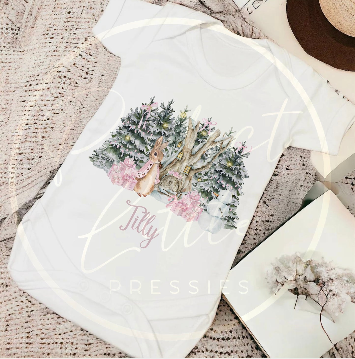 Christmas Baby Grow - Pink Bunny Woodland