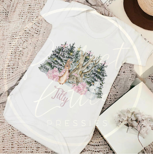 Christmas Baby Grow - Pink Bunny Woodland