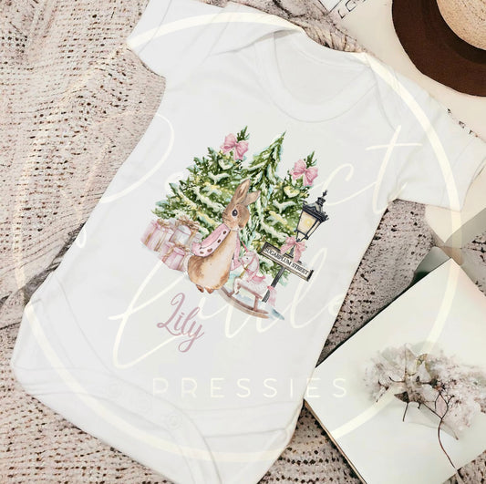 Christmas Baby Grow - Pink Bunny Candy Cane Lane