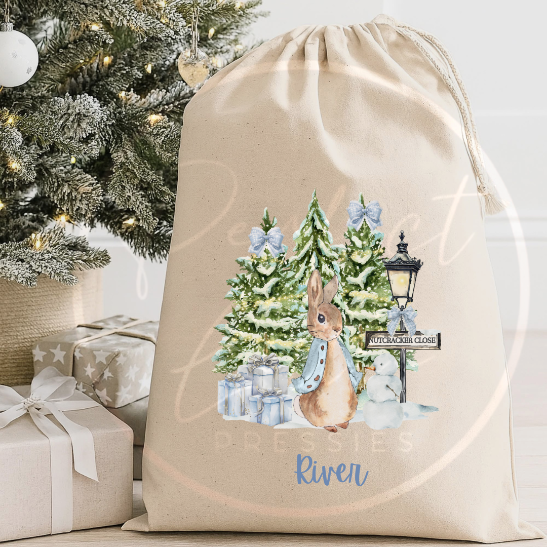 Christmas Sack - Blue Rabbit Candy Cane Lane
