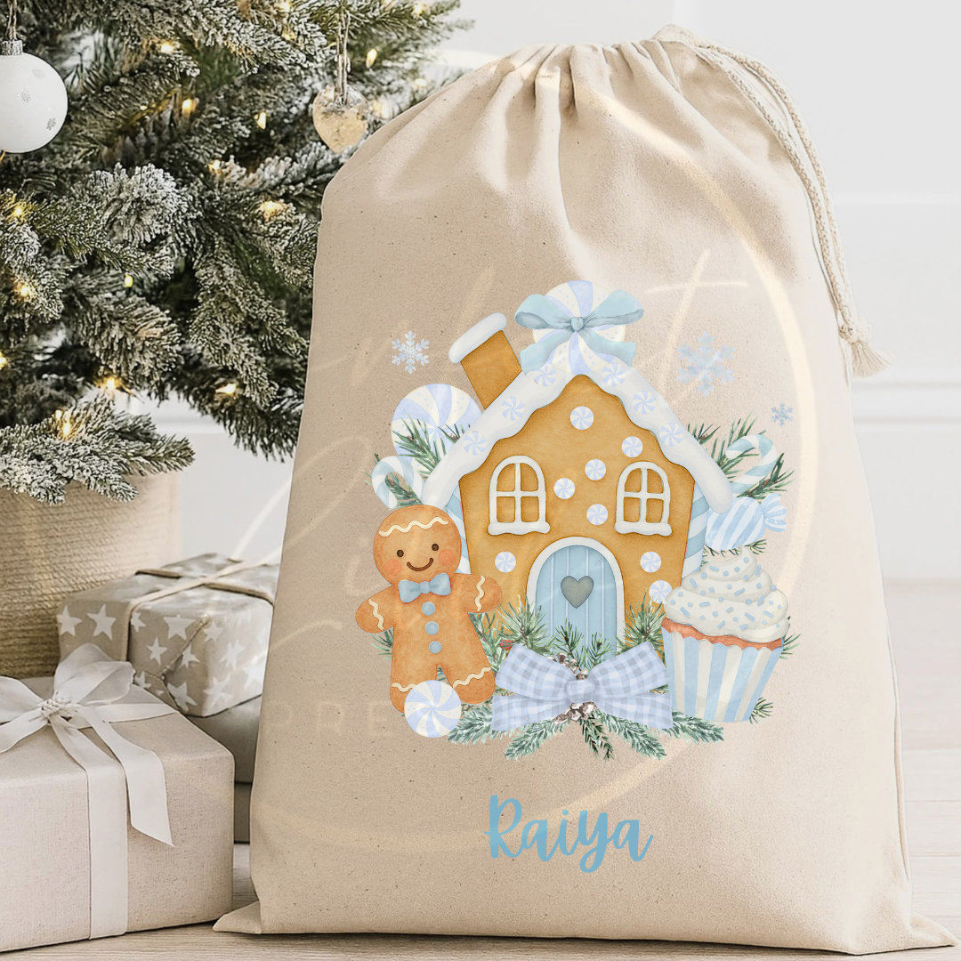 Christmas Sack - Blue Gingerbread House