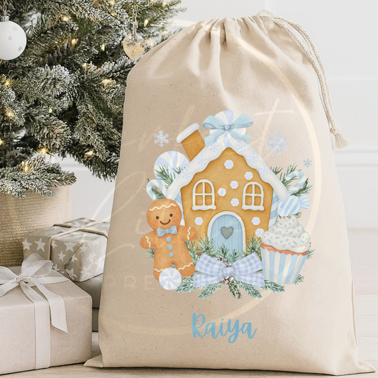 Christmas Sack - Blue Gingerbread House