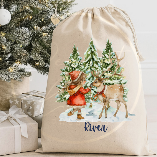 Christmas Sack - Reindeer/Girl