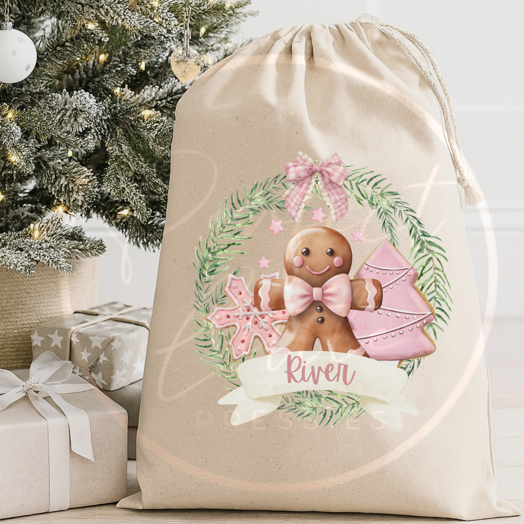 Christmas Sack - Pink Gingerbread Wreath
