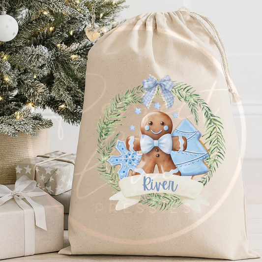 Christmas Sack - Blue Gingerbread Wreath