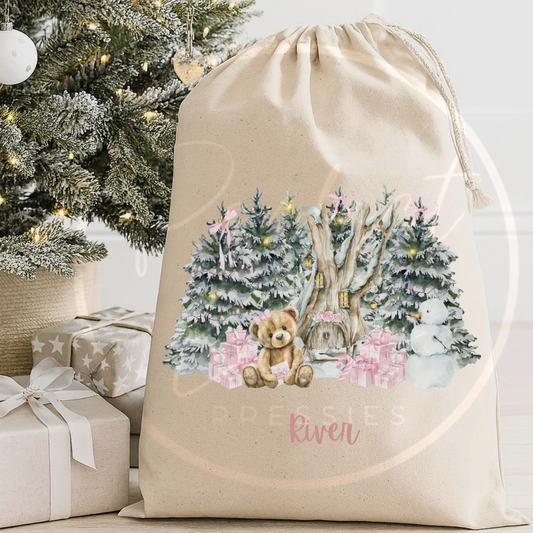 Christmas Sack - Pink North Pole Bear/Gifts