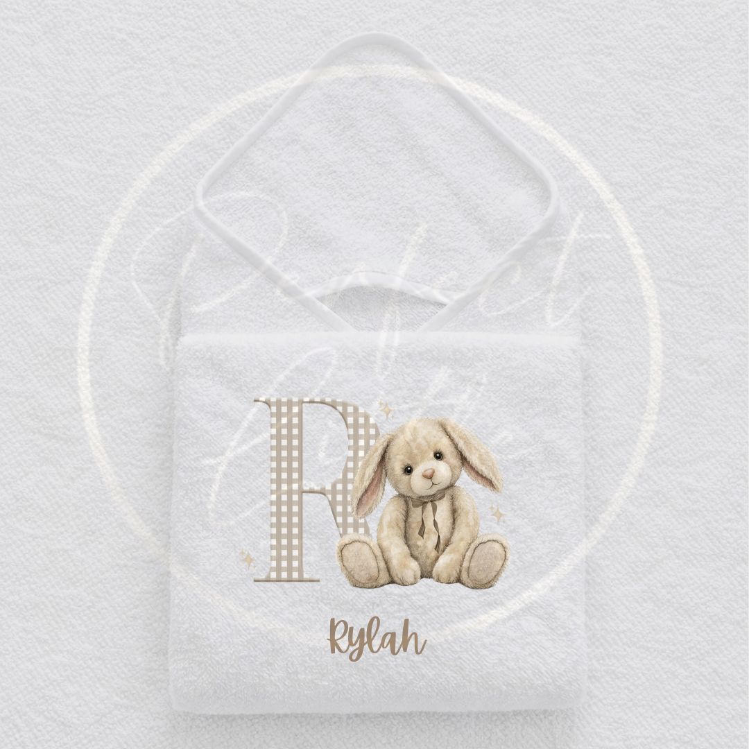 Baby Hooded Towel - Beige Bunny Initial Design
