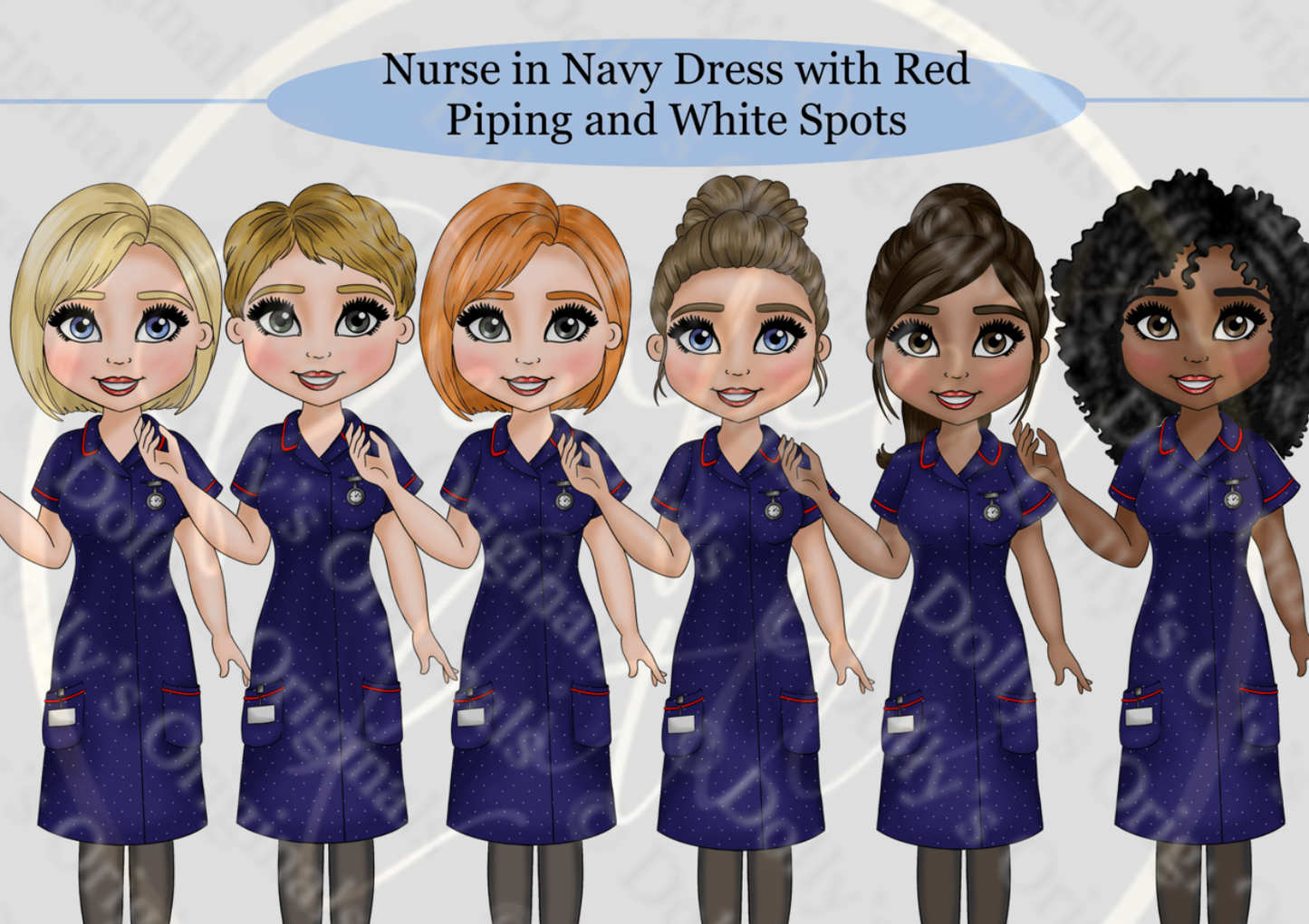 DESIGN A DOLLY - Midwife In Navy With Red Piping White Spots