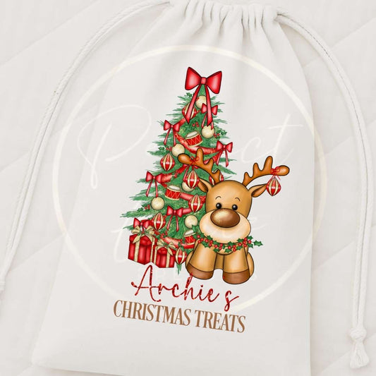Christmas Drawstring Bag - Reindeer/Tree Design