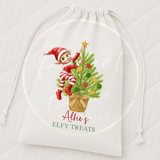 Christmas Drawstring Bag - Elf Climbing Tree