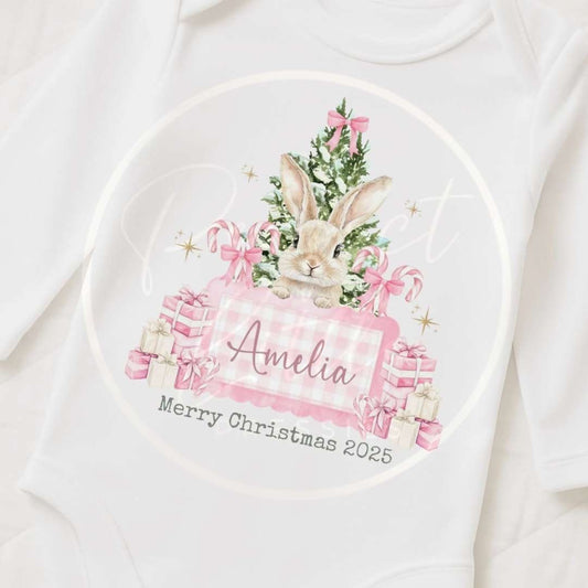 Christmas Sleepsuit - Pink Gingham Bunny