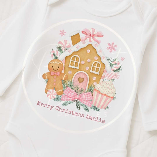 Christmas Sleepsuit - Pink Gingerbread House