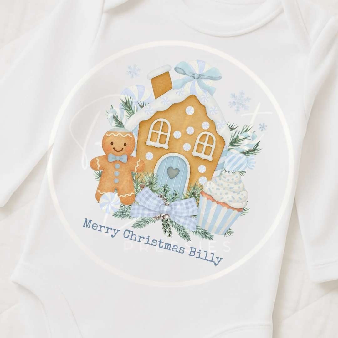 Christmas Sleepsuit - Blue Gingerbread House