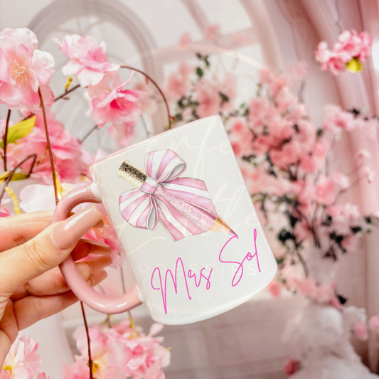 Teacher Mug - Pink Bow Pencil Design