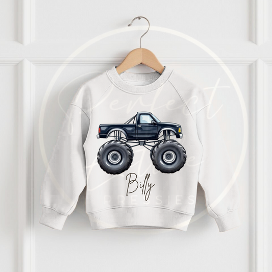 Kids White Sweatshirt - Monster Truck Designs