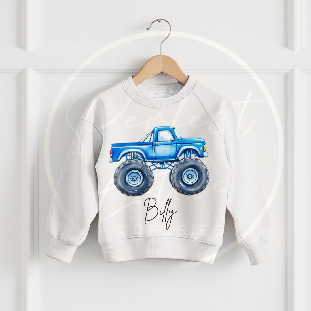 Kids White Sweatshirt - Monster Truck Designs