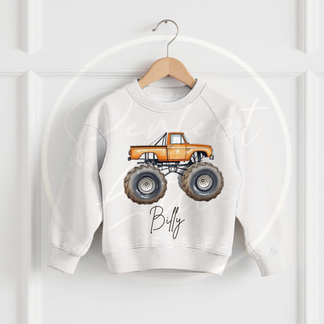 Kids White Sweatshirt - Monster Truck Designs