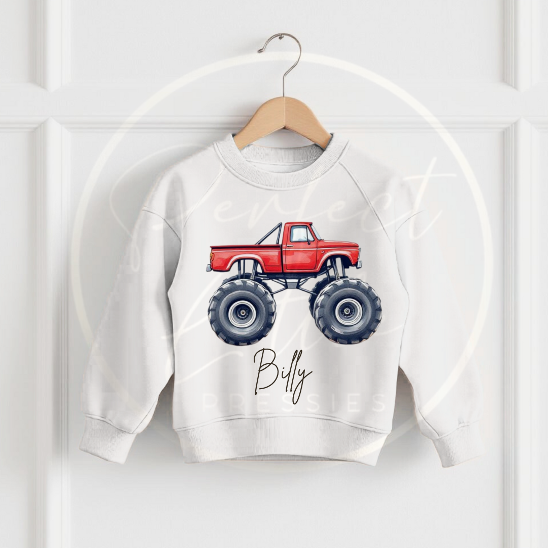 Kids White Sweatshirt - Monster Truck Designs