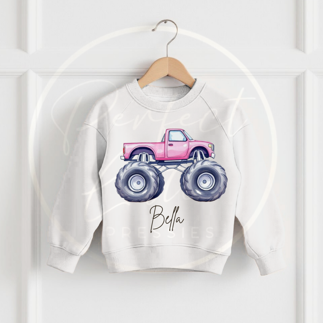 Kids White Sweatshirt - Monster Truck Designs