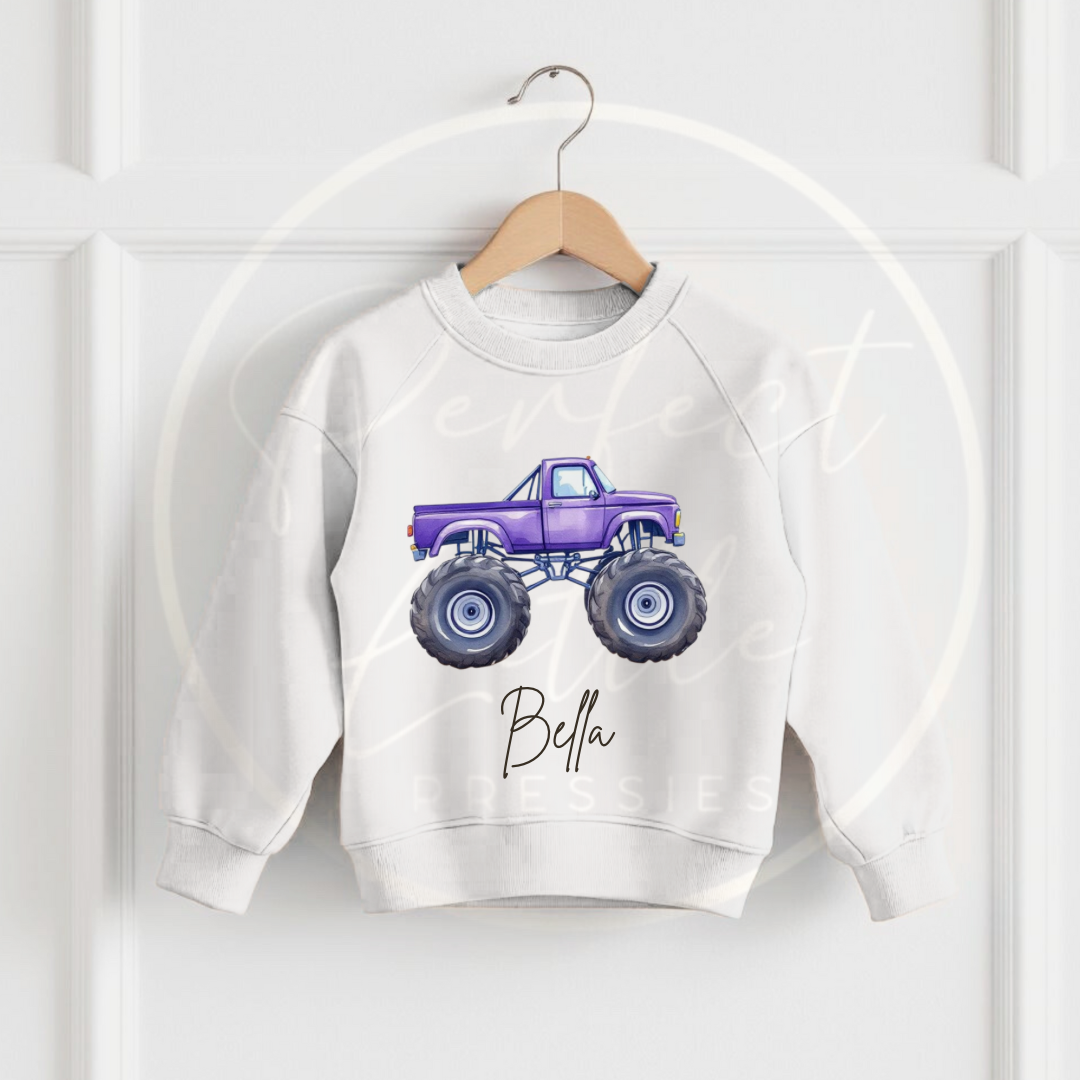 Kids White Sweatshirt - Monster Truck Designs