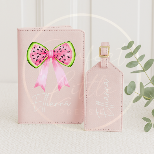 Passport Cover and Luggage Tag Set - Pink Watermelon Bow Design
