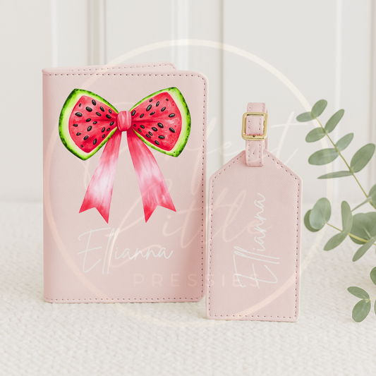 Passport Cover and Luggage Tag Set - Red Watermelon Bow Design