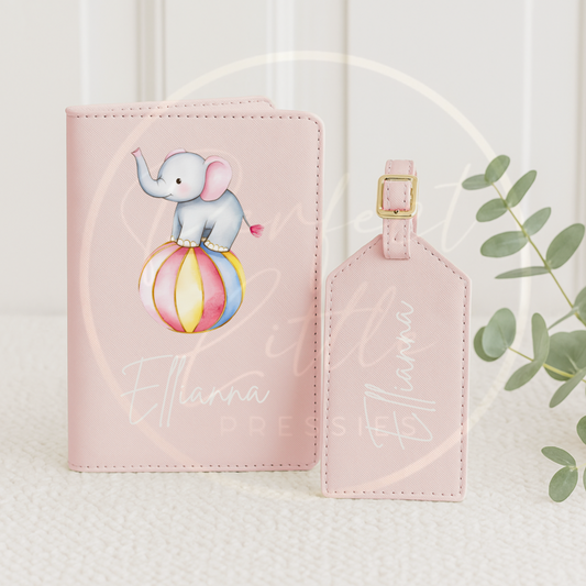 Passport Cover and Luggage Tag Set - Pastel Circus Elephant Design