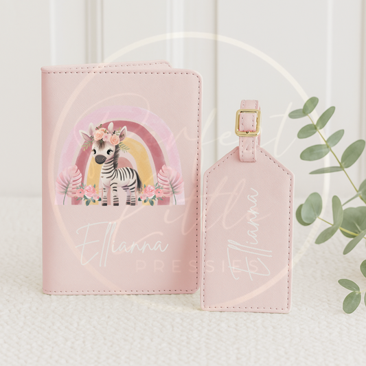Passport Cover and Luggage Tag Set - Floral Zebra Rainbow Design