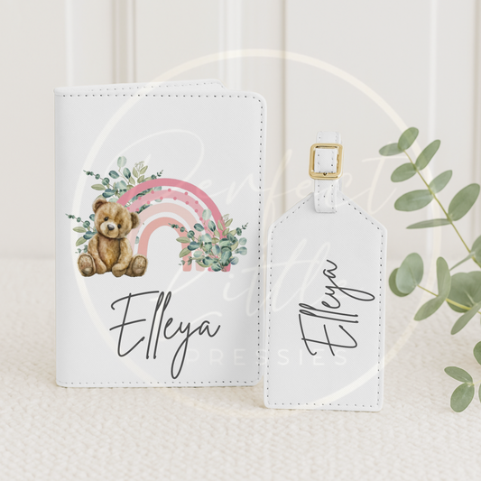 Passport Cover and Luggage Tag Set - Pink Rainbow Bear