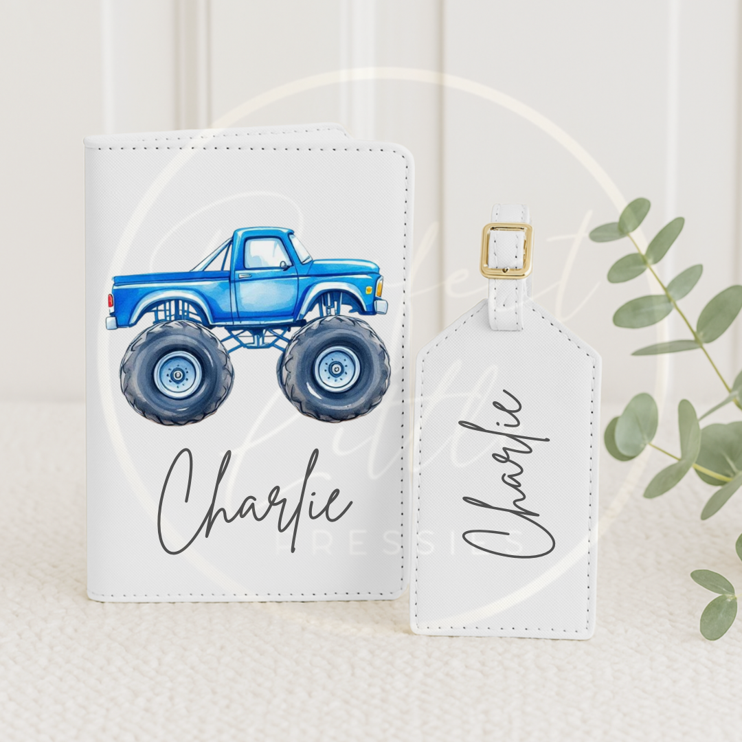 Passport Cover and Luggage Tag Set - Monster Trucks