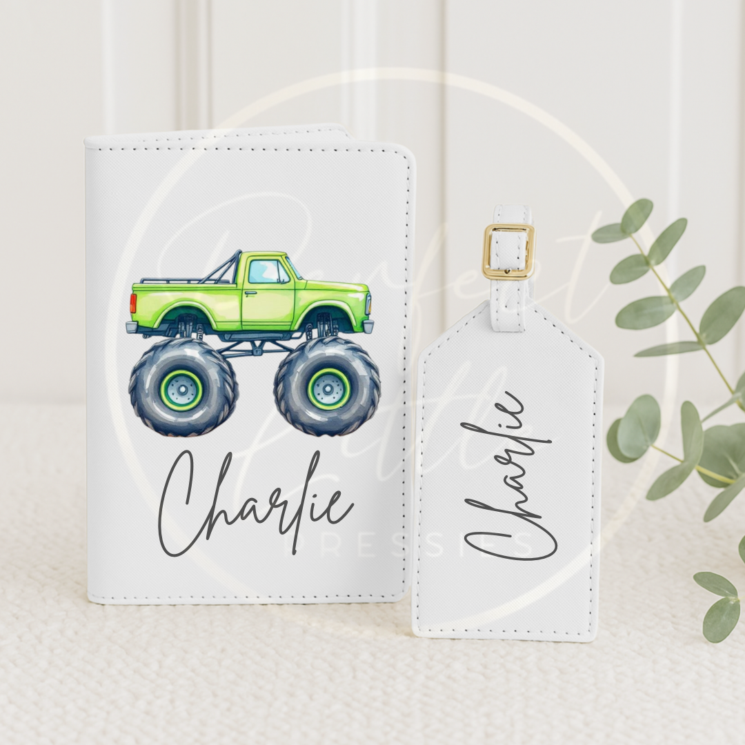 Passport Cover and Luggage Tag Set - Monster Trucks