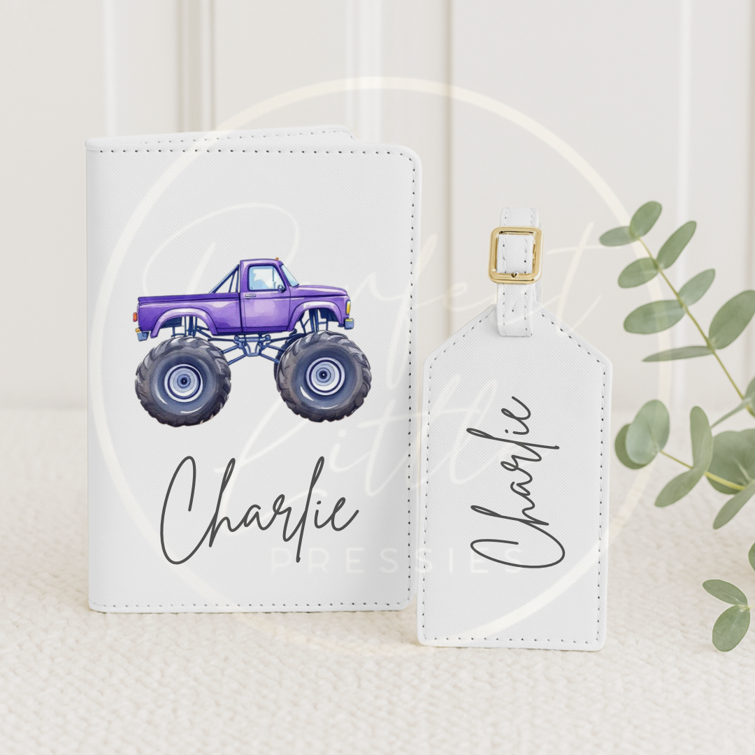 Passport Cover and Luggage Tag Set - Monster Trucks