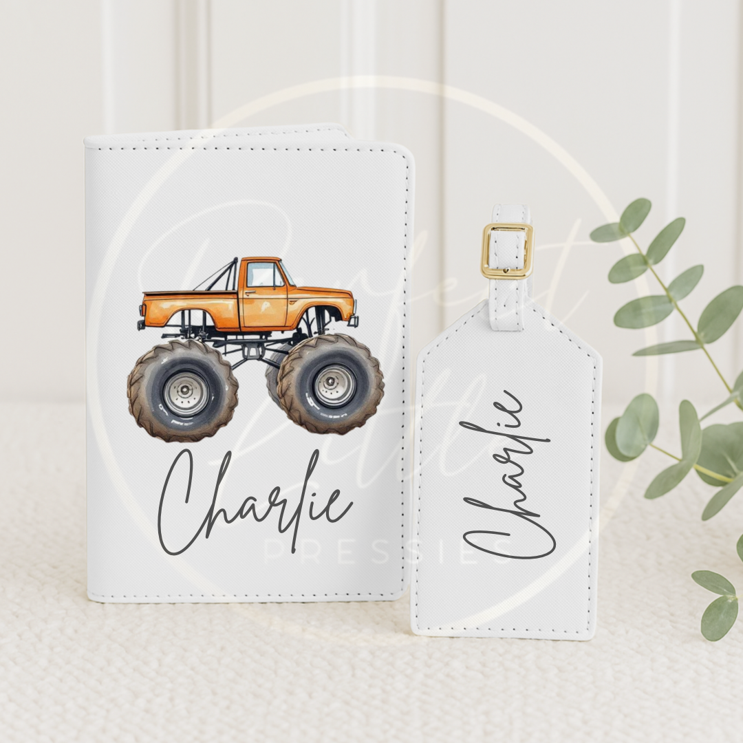Passport Cover and Luggage Tag Set - Monster Trucks