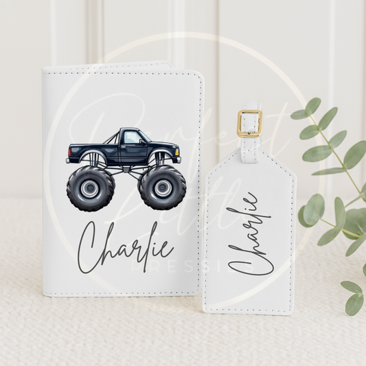 Passport Cover and Luggage Tag Set - Monster Trucks