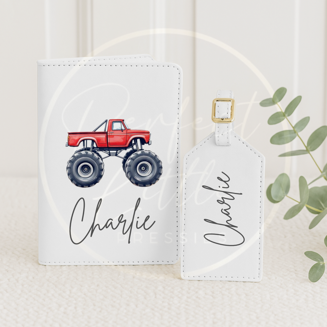 Passport Cover and Luggage Tag Set - Monster Trucks