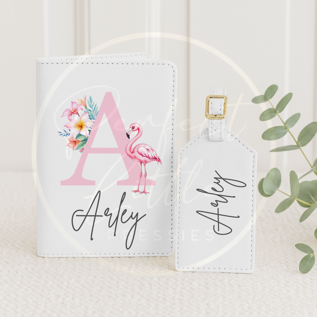 Passport Cover and Luggage Tag Set - Flamingo Initial