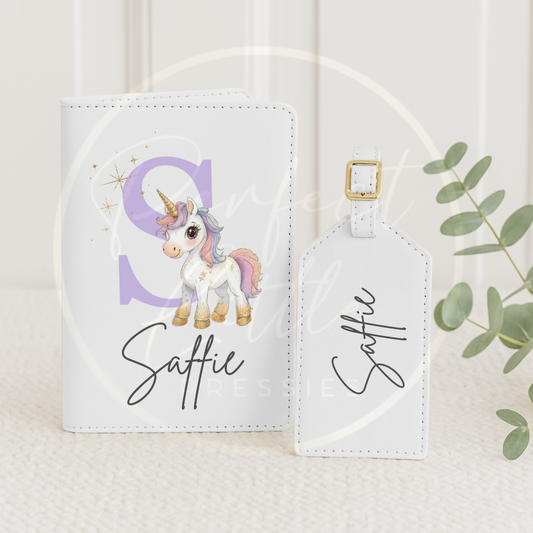 Passport Cover and Luggage Tag Set - Unicorn Initial