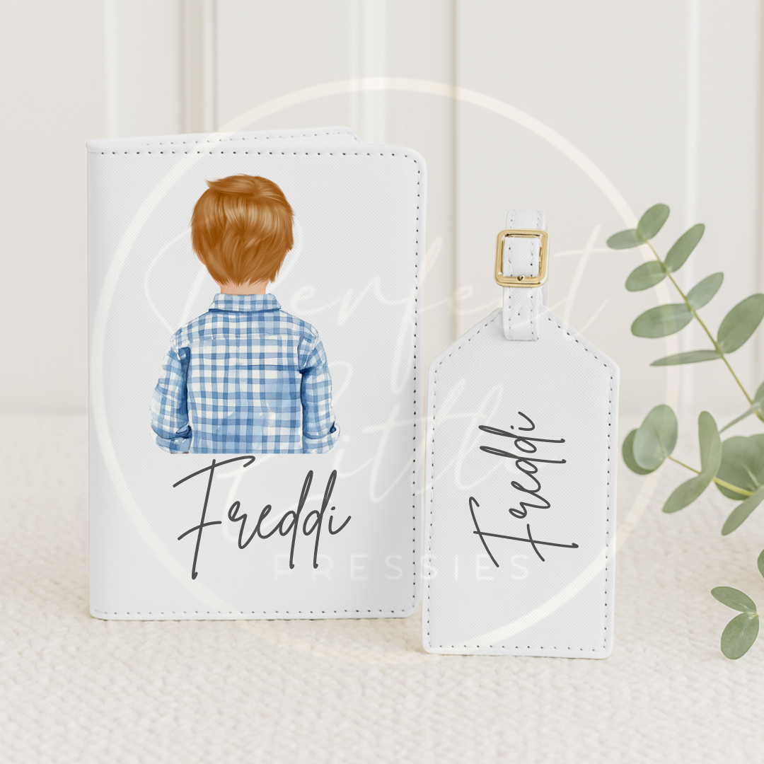 Passport Cover and Luggage Tag Set - Blue Gingham Shirt Boy