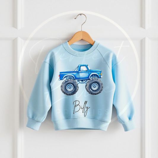 Kids Blue Sweatshirt - Monster Truck Design