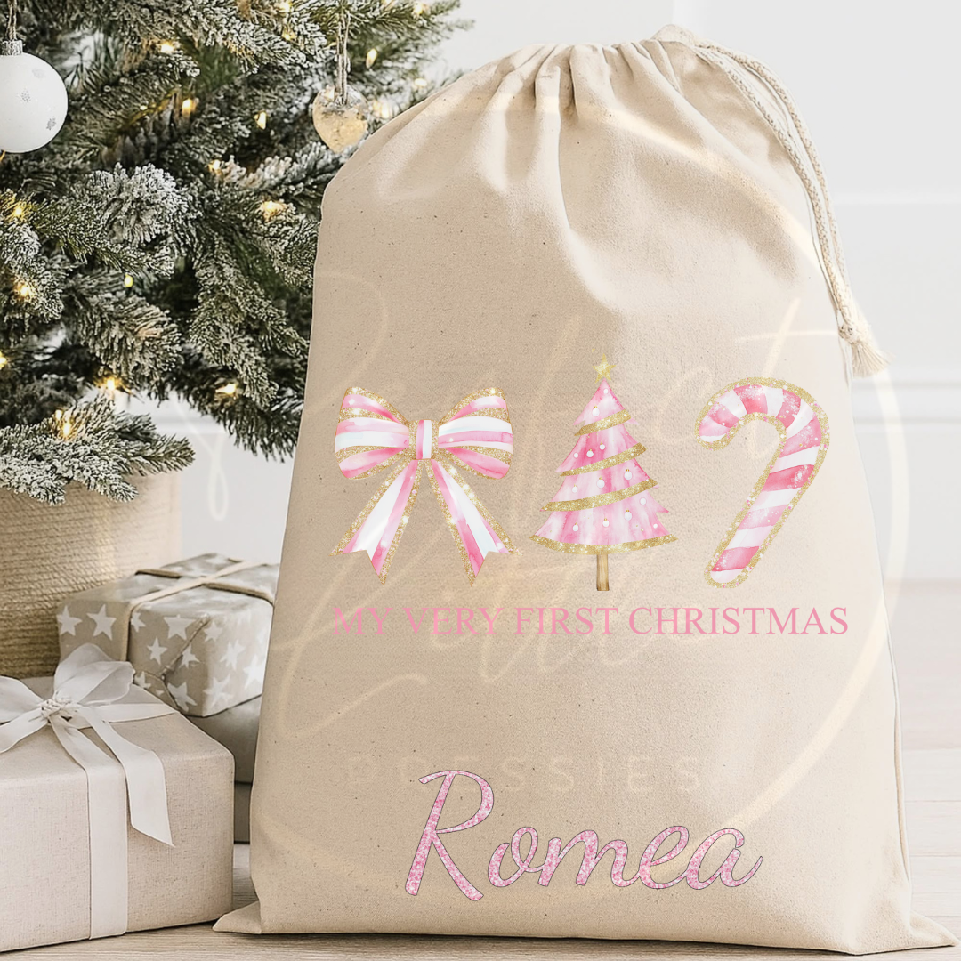 Christmas Sack - Pink Glitter Trio First Christmas