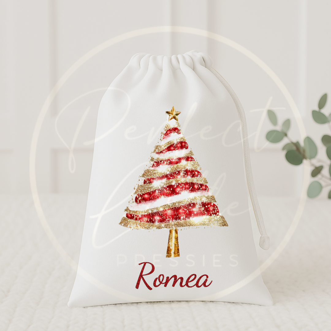 Christmas Drawstring Bag - Red Glitter Tree