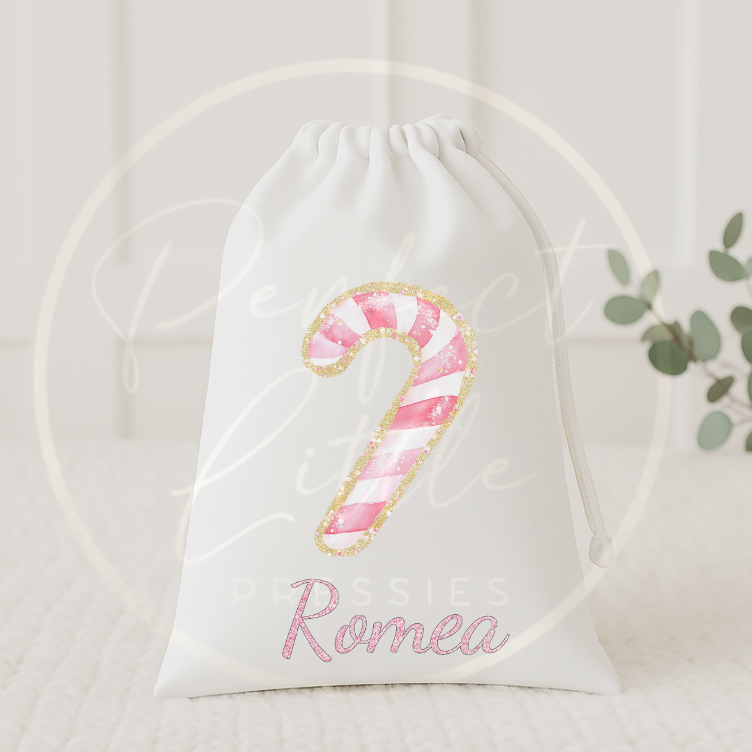 Christmas Drawstring Bag - Pink Glitter Candy Cane