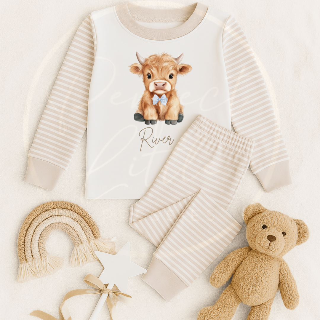 Kids Pyjamas - Highland Cow Blue Bow
