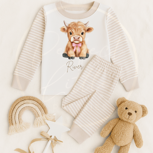 Kids Pyjamas - Highland Cow Pink Bow